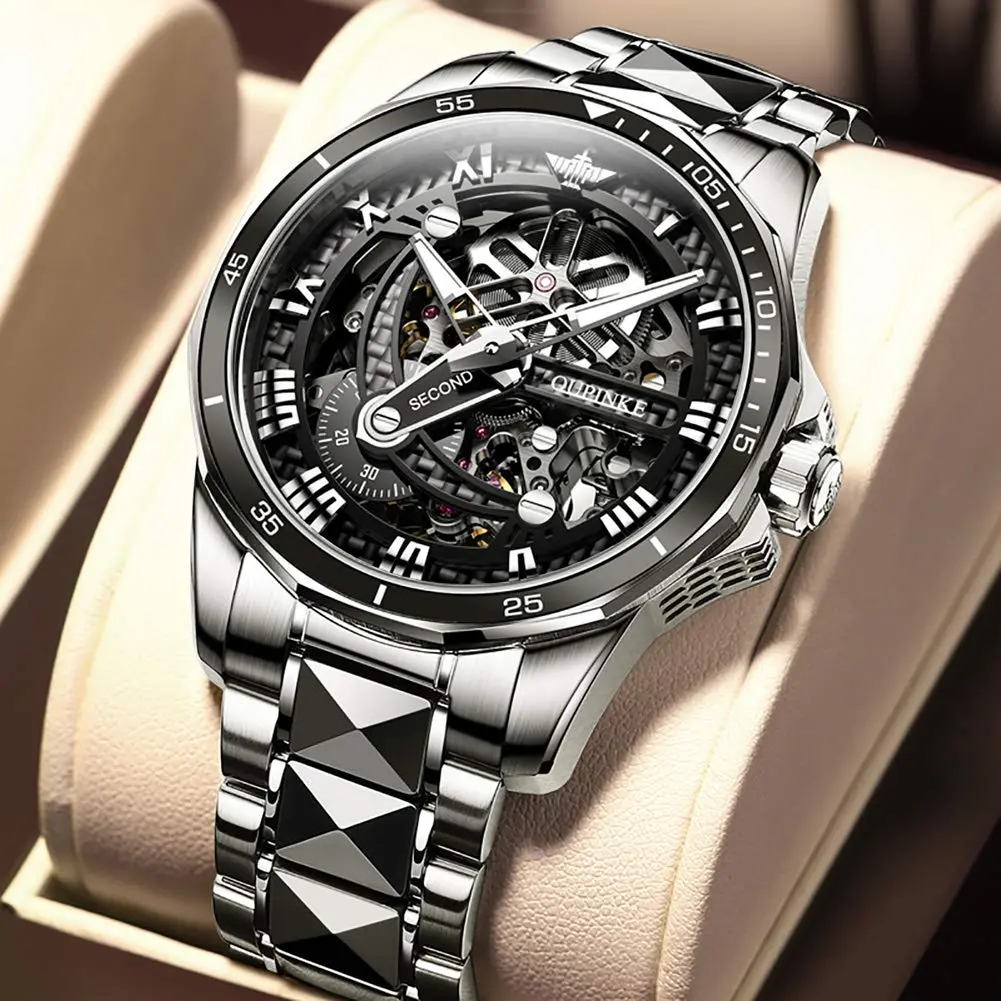 OLEVS Automatic Skeleton Watch for Men 42mm (1.65 Inches) Silver Tungsten Steel | Big Face Waterproof Luxury Watch - view 2