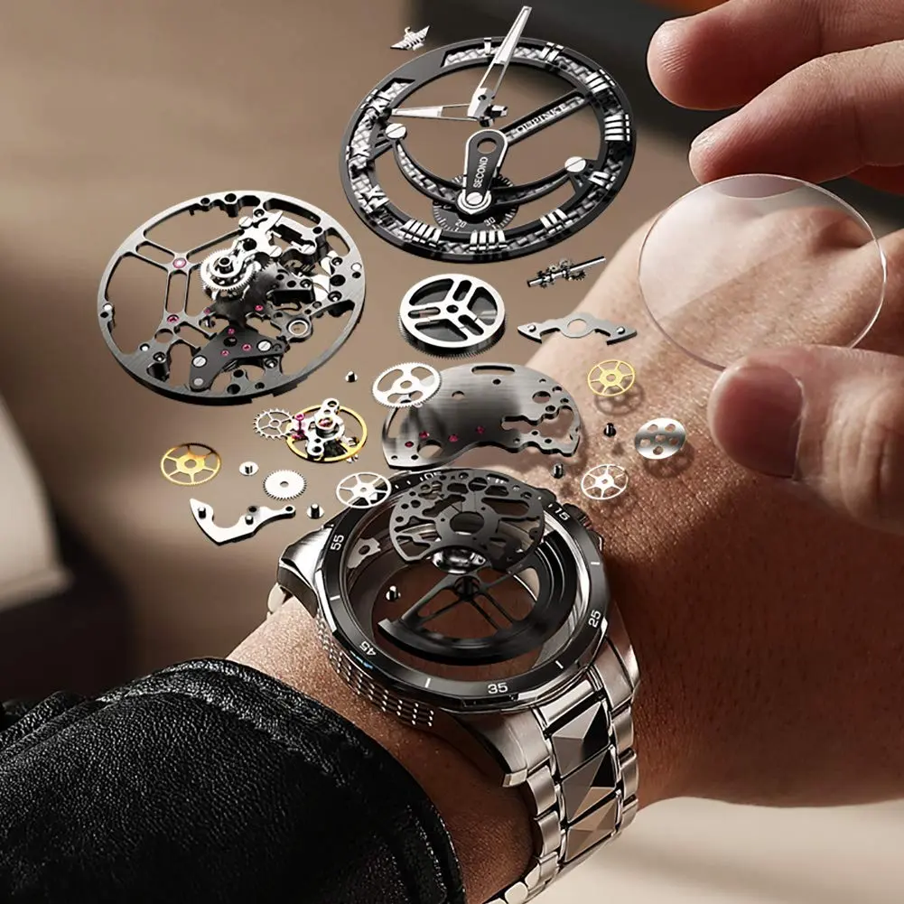 OLEVS Automatic Skeleton Watch for Men 42mm (1.65 Inches) Silver Tungsten Steel | Big Face Waterproof Luxury Watch - view 3