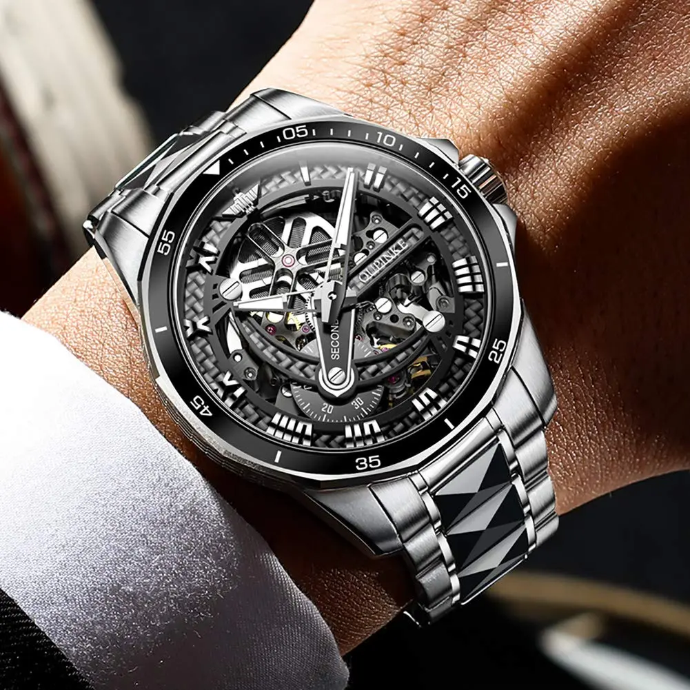 OLEVS Automatic Skeleton Watch for Men 42mm (1.65 Inches) Silver Tungsten Steel | Big Face Waterproof Luxury Watch - view 4