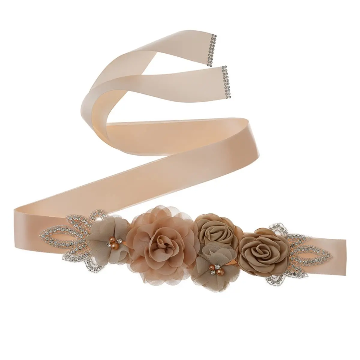 Huralona Wedding Sash Belt Satin Ribbon with Flowers Pearls Rhinestone | Elegant Bridal Accessory for Women - main product image