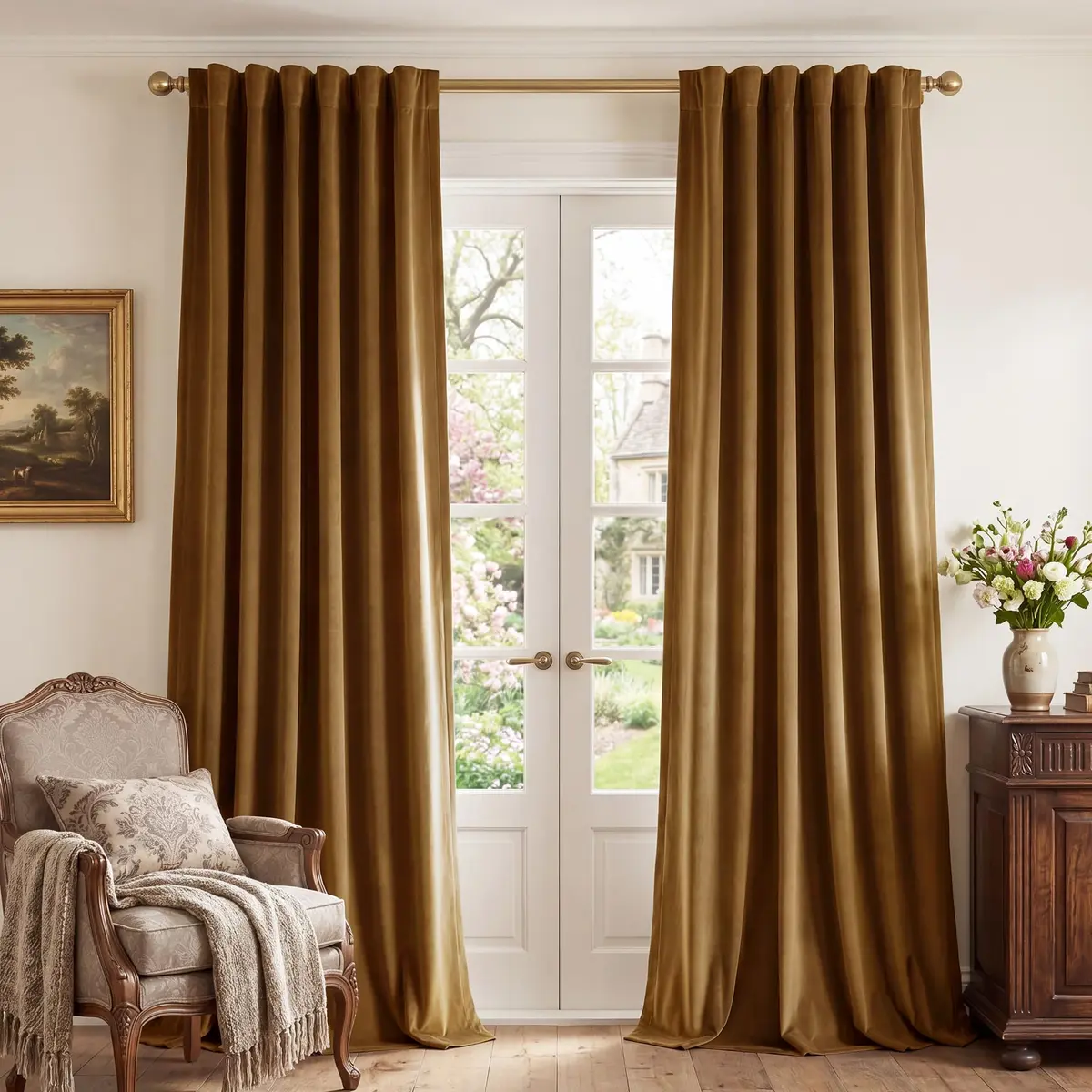 StangH Gold Brown Velvet Curtains for Living Room | Room Darkening, Thermal Insulation, Vintage Boho Style - main product image