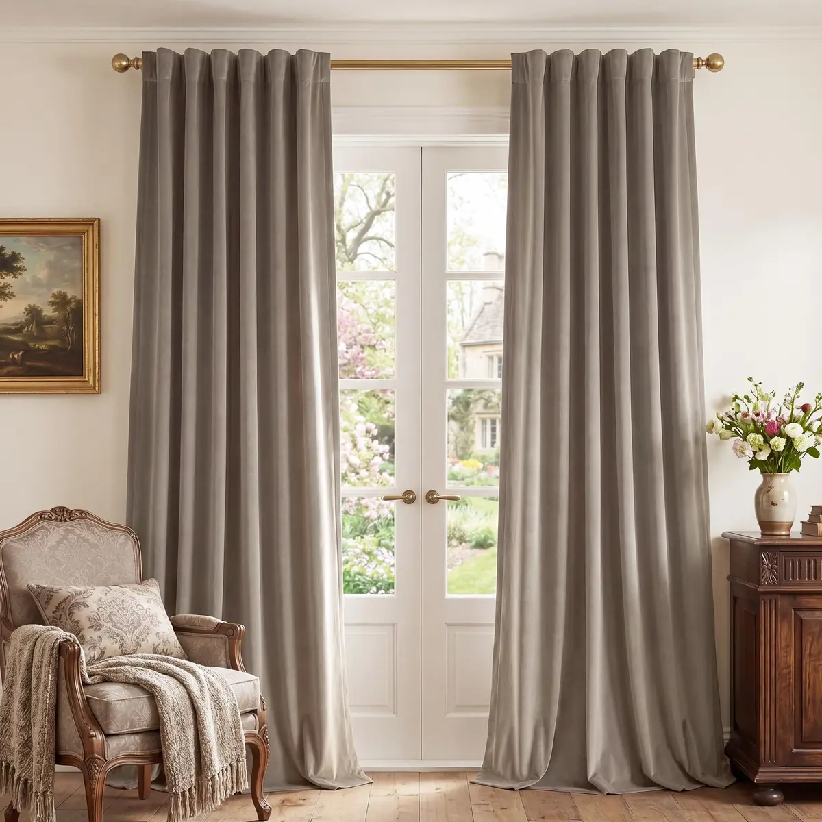 StangH Camel Beige Velvet Curtains for French Door Decor, W52xL96, 2 Panels | Room Darkening, Thermal Insulation - main product image