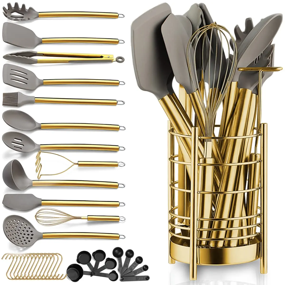 Berglander Gold Kitchen Utensils Set, 38 Pieces Non-stick Silicone Cooking Tools with Stainless Steel Holder, Dishwasher Safe - main product image