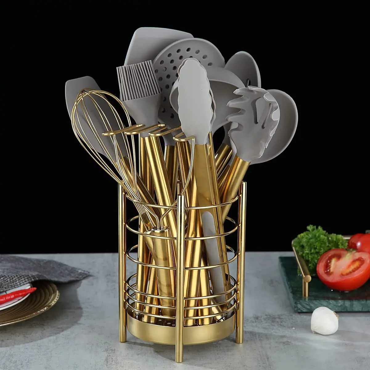 Berglander Gold Kitchen Utensils Set, 38 Pieces Non-stick Silicone Cooking Tools with Stainless Steel Holder, Dishwasher Safe - view 2