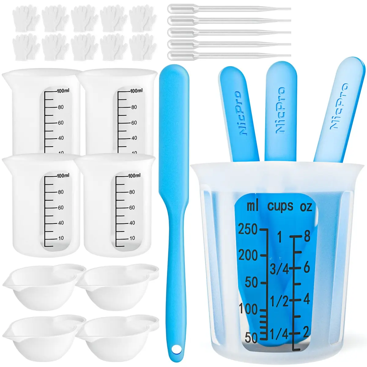 Nicpro Silicone Resin Measuring Cups Tool Kit 250ml & 100ml | 100 ml & 15ml Measure Cups, Stir Sticks, Spatula, Pipettes, Gloves - main product image