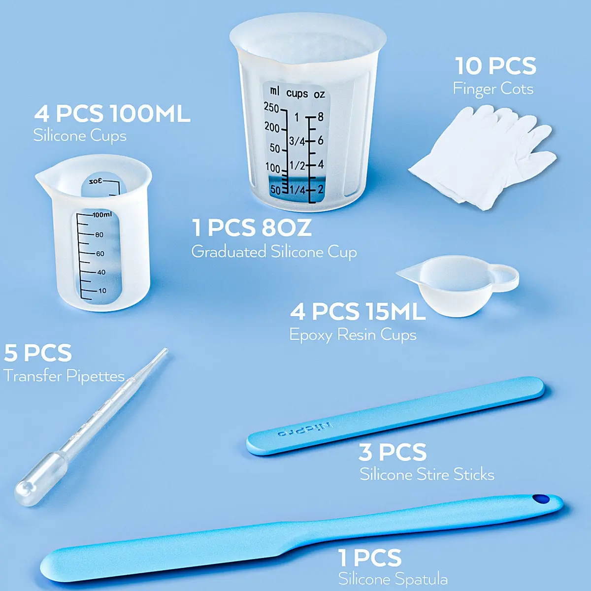 Nicpro Silicone Resin Measuring Cups Tool Kit 250ml & 100ml | 100 ml & 15ml Measure Cups, Stir Sticks, Spatula, Pipettes, Gloves - view 2