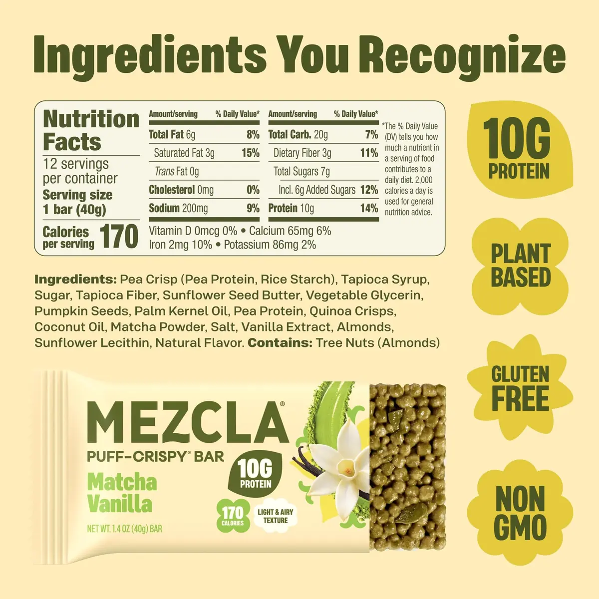 Mezcla Matcha Vanilla Snack Bars, 10g Plant Based Pea Protein Treat, 1 Ct. | Gluten Free & Vegan Protein Snack - view 2