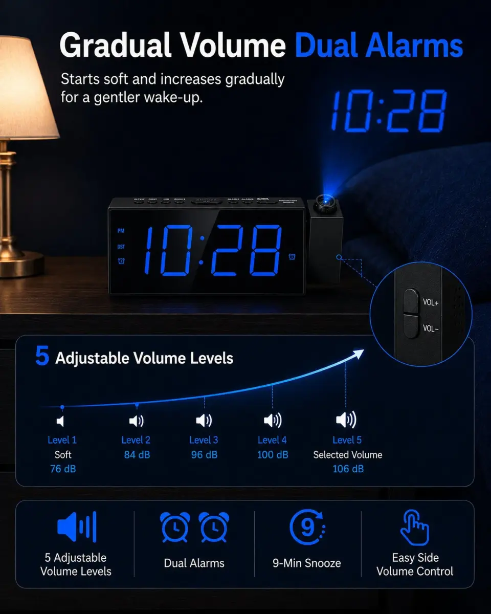 OnLyee Projection Alarm Clock for Bedroom Ceiling, 180° Projector, Dual Alarm, 7" Blue LED Display | Modern Bedside Clock - view 5