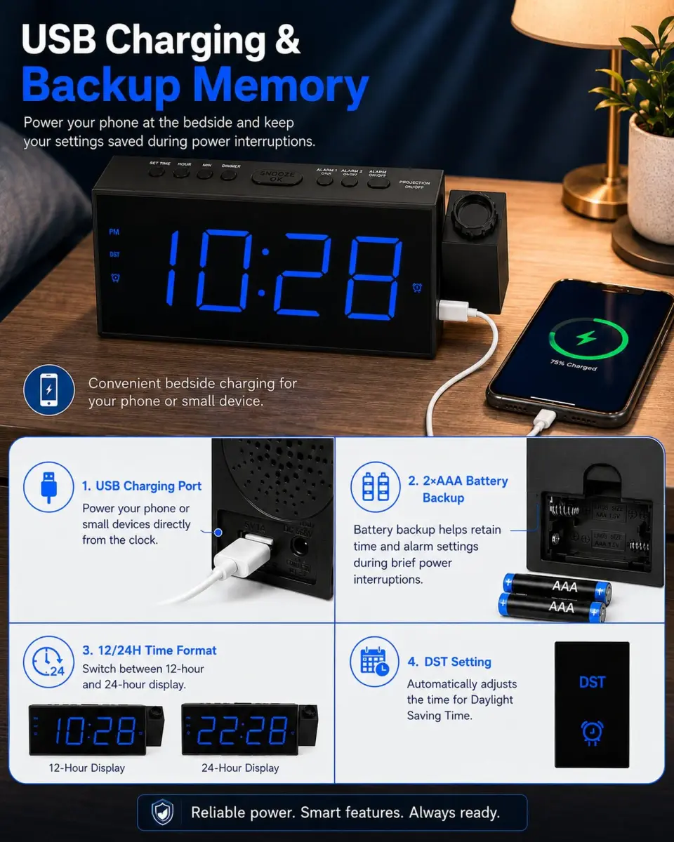 OnLyee Projection Alarm Clock for Bedroom Ceiling, 180° Projector, Dual Alarm, 7" Blue LED Display | Modern Bedside Clock - view 6