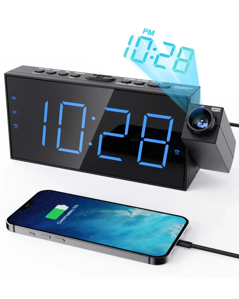 OnLyee Projection Alarm Clock for Bedroom Ceiling, 180° Projector, Dual Alarm, 7" Blue LED Display | Modern Bedside Clock - main product image