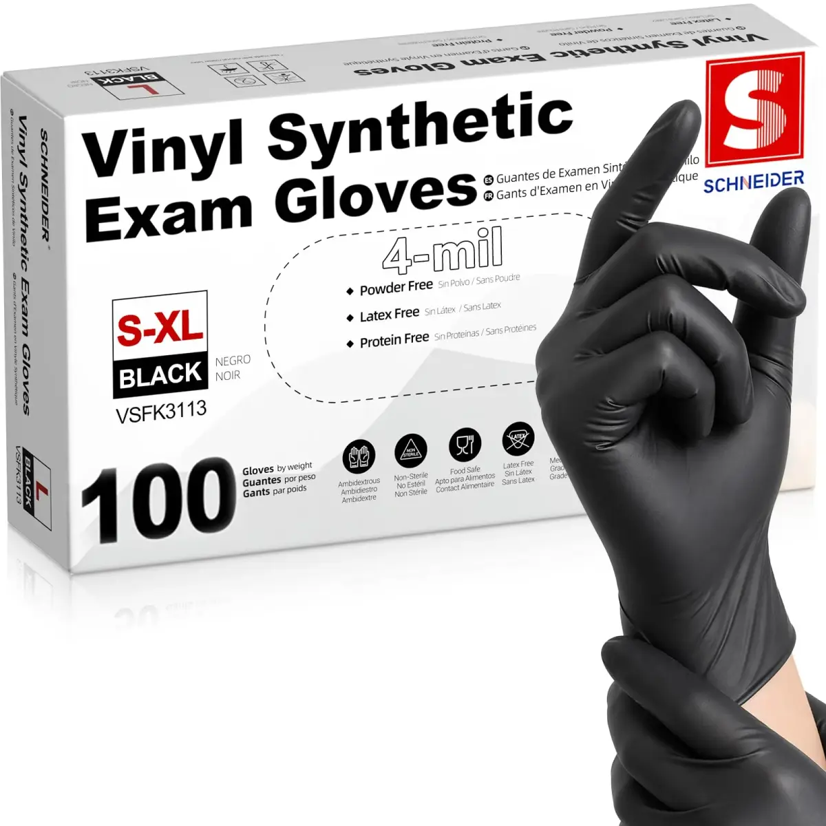 Schneider Black Vinyl Exam Gloves, Small, 100 Count | Medical Grade Disposable for Food Prep & Cleaning - main product image