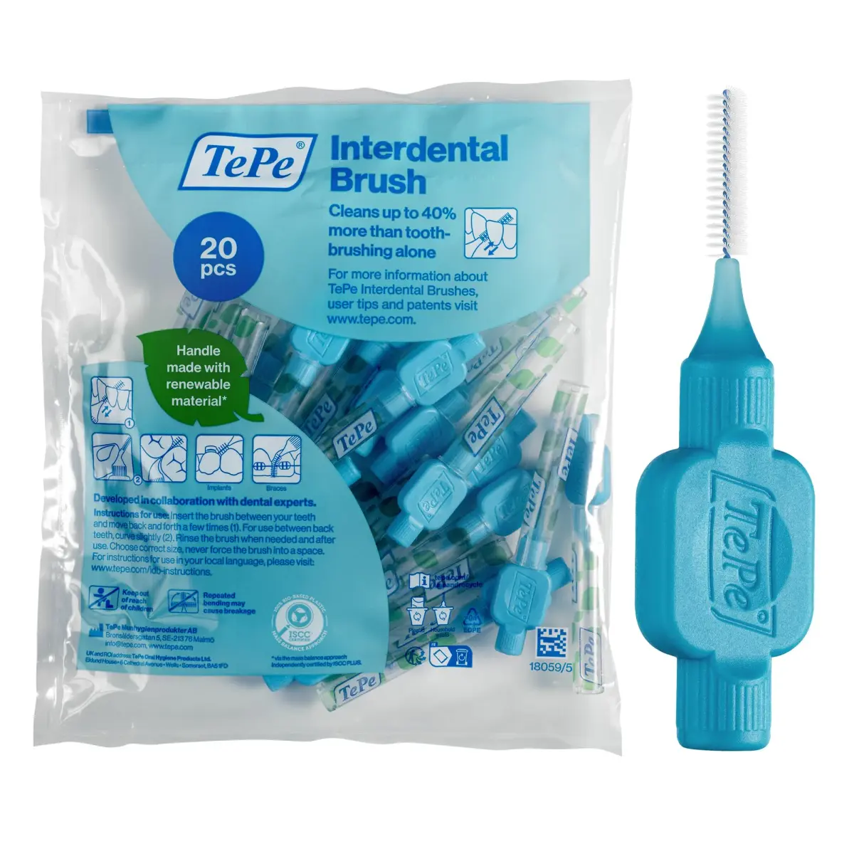 TePe Original Interdental Brushes Size 5-0.8mm | 20 Count (Blue) | Dermatologist Tested Hypoallergenic Toothbrush - main product image