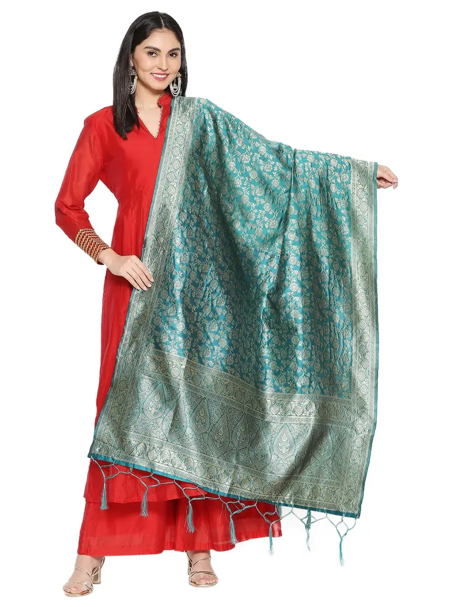 DUPATTA BAZAAR Rama Green Banarasi Silk Dupatta with Floral Weaving 2.29 m (2.5 yd) | Hand-Woven Artisan Craftsmanship - main product image