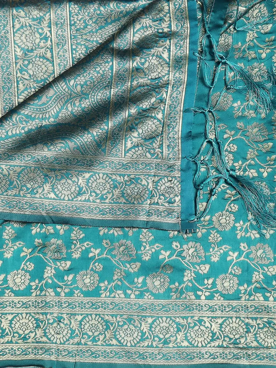 DUPATTA BAZAAR Rama Green Banarasi Silk Dupatta with Floral Weaving 2.29 m (2.5 yd) | Hand-Woven Artisan Craftsmanship - view 5