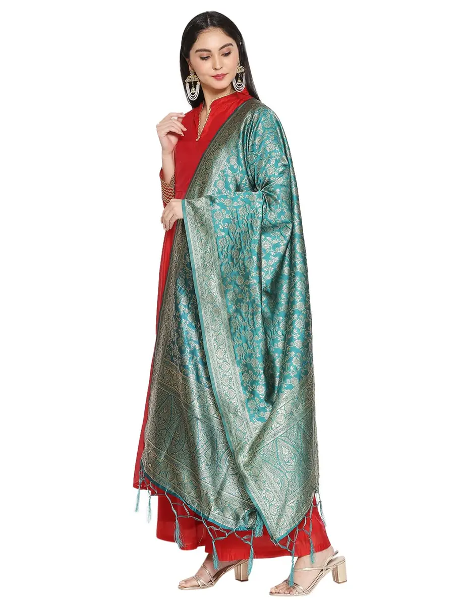 DUPATTA BAZAAR Rama Green Banarasi Silk Dupatta with Floral Weaving 2.29 m (2.5 yd) | Hand-Woven Artisan Craftsmanship - view 2
