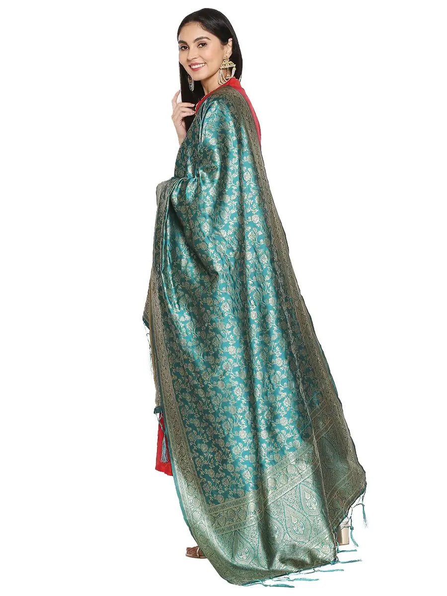 DUPATTA BAZAAR Rama Green Banarasi Silk Dupatta with Floral Weaving 2.29 m (2.5 yd) | Hand-Woven Artisan Craftsmanship - view 3