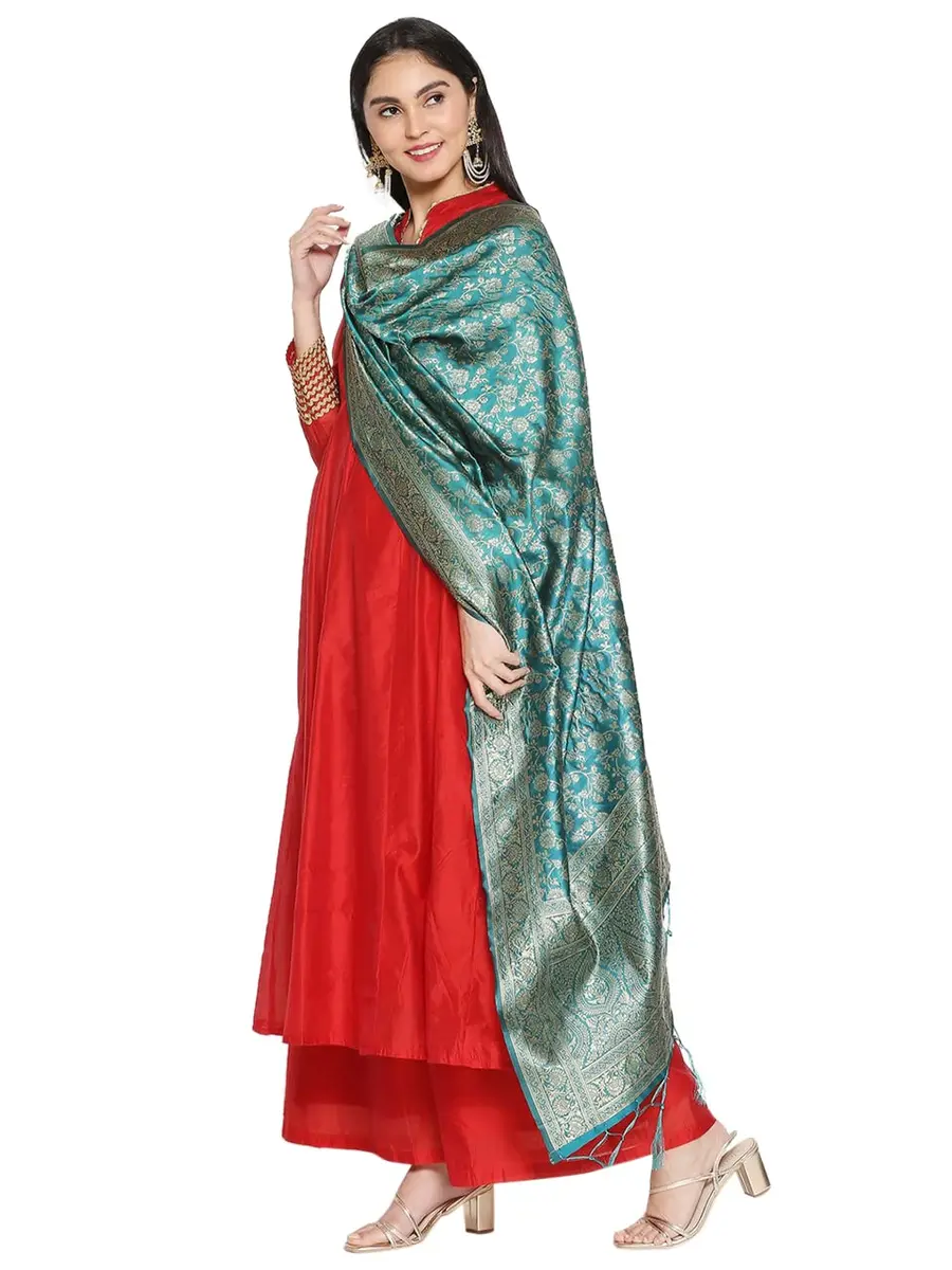 DUPATTA BAZAAR Rama Green Banarasi Silk Dupatta with Floral Weaving 2.29 m (2.5 yd) | Hand-Woven Artisan Craftsmanship - view 4