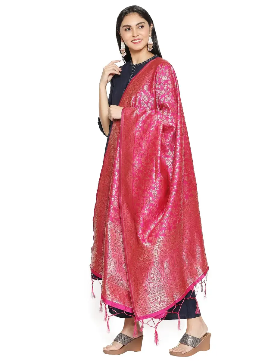 DUPATTA BAZAAR Red Banarasi Silk Dupatta with Floral Weaving 2.29 m (2.5 yd) - view 2