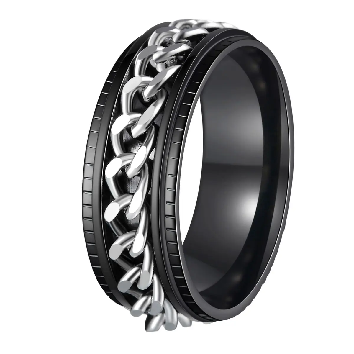 Udolfly Men's Fidget Rings Anxiety Spinner Ring Black Silver 12 | Stress Relief, Durable Titanium Steel - main product image