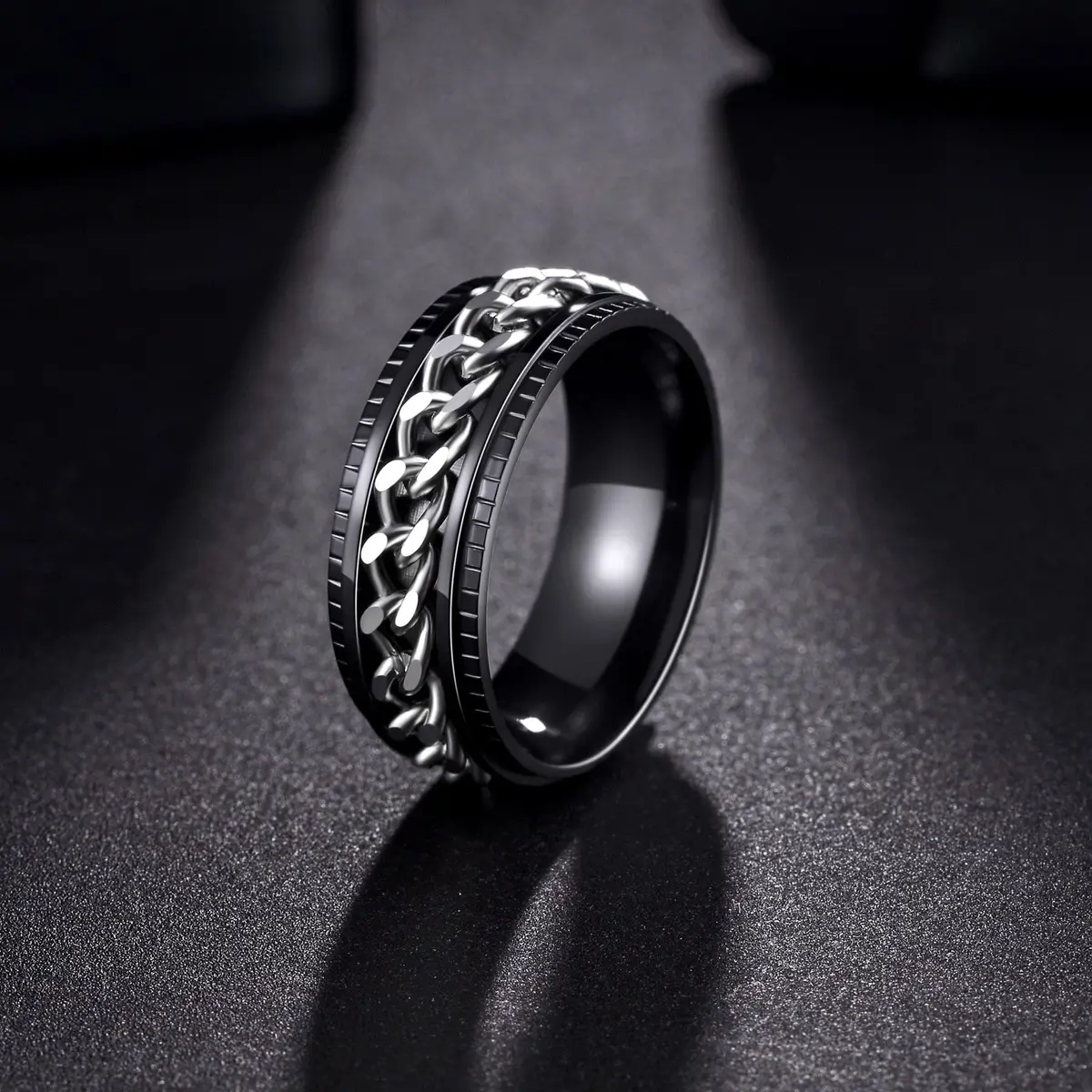 Udolfly Men's Fidget Rings Anxiety Spinner Ring Black Silver 12 | Stress Relief, Durable Titanium Steel - view 5