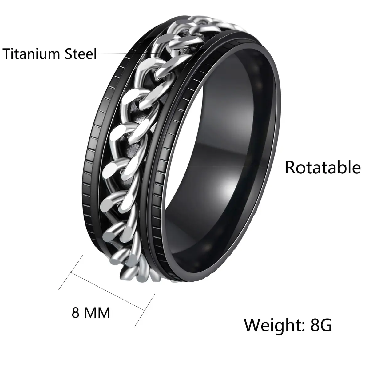 Udolfly Men's Fidget Rings Anxiety Spinner Ring Black Silver 12 | Stress Relief, Durable Titanium Steel - view 6