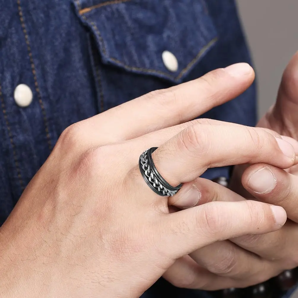 Udolfly Men's Fidget Rings Anxiety Spinner Ring Black Silver 12 | Stress Relief, Durable Titanium Steel - view 2