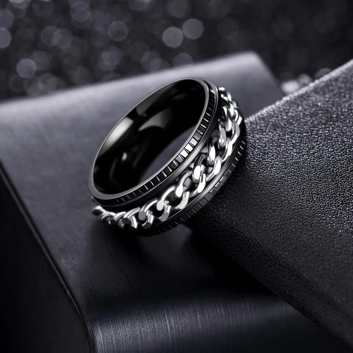 Udolfly Men's Fidget Rings Anxiety Spinner Ring Black Silver 12 | Stress Relief, Durable Titanium Steel - view 3