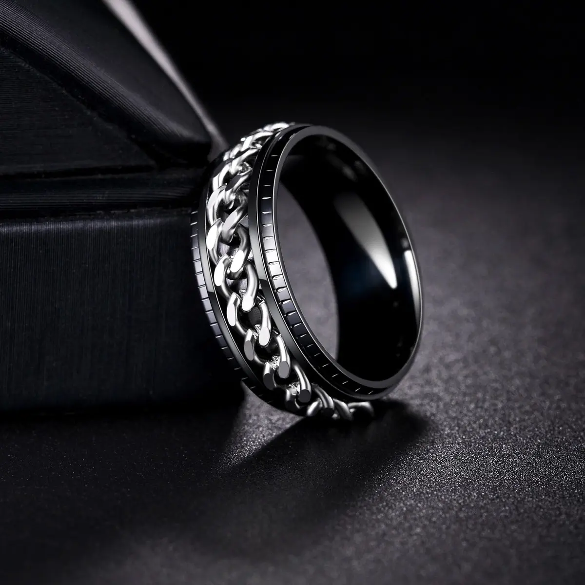 Udolfly Men's Fidget Rings Anxiety Spinner Ring Black Silver 12 | Stress Relief, Durable Titanium Steel - view 4