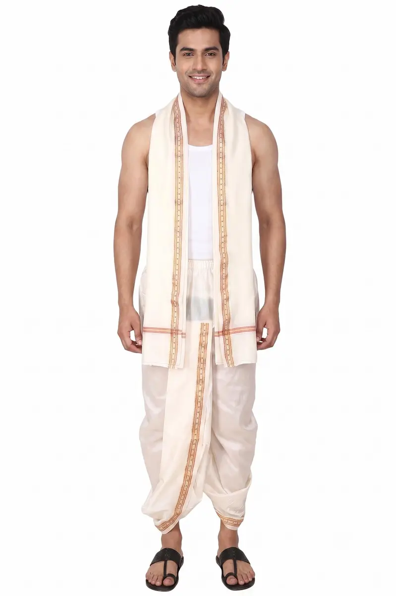 Rameshwaram Fabrics Men's Traditional Indian Readymade Dhoti with Angavastram | Elastic Waist 28-40 Inches | 40 Inch Length | Art Silk Veshti for Wedding, Temple, Puja, Diwali & Cultural Events - main product image