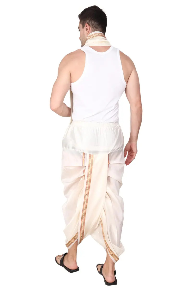 Rameshwaram Fabrics Men's Traditional Indian Readymade Dhoti with Angavastram | Elastic Waist 28-40 Inches | 40 Inch Length | Art Silk Veshti for Wedding, Temple, Puja, Diwali & Cultural Events - view 5