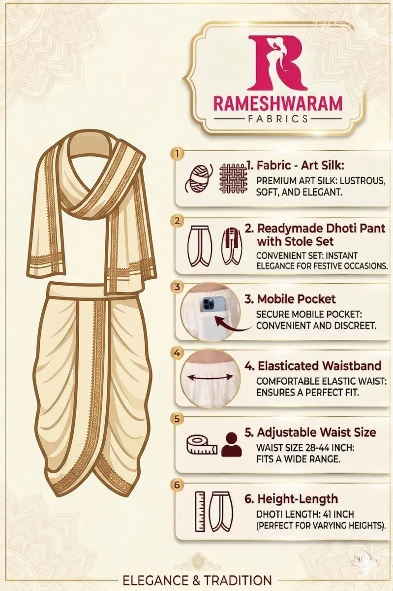 Rameshwaram Fabrics Men's Traditional Indian Readymade Dhoti with Angavastram | Elastic Waist 28-40 Inches | 40 Inch Length | Art Silk Veshti for Wedding, Temple, Puja, Diwali & Cultural Events - view 6