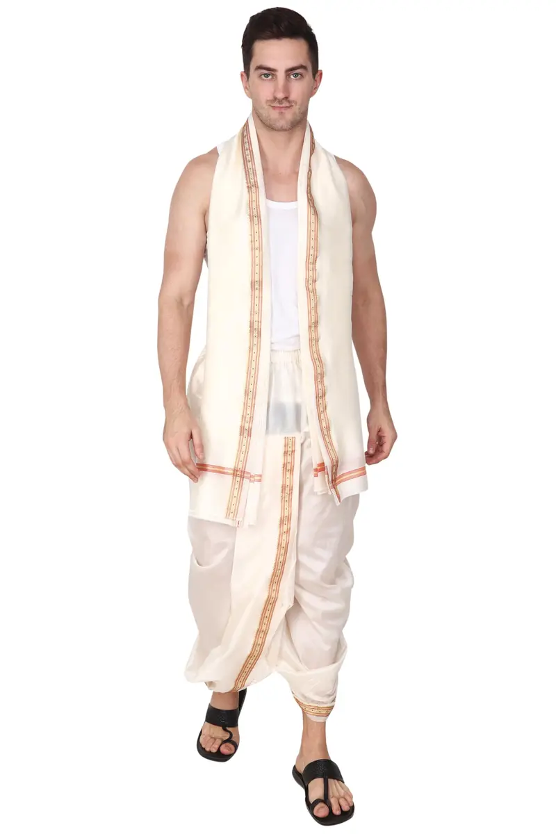 Rameshwaram Fabrics Men's Traditional Indian Readymade Dhoti with Angavastram | Elastic Waist 28-40 Inches | 40 Inch Length | Art Silk Veshti for Wedding, Temple, Puja, Diwali & Cultural Events - view 7