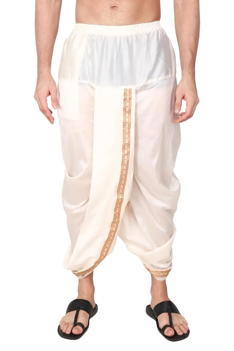 Rameshwaram Fabrics Men's Traditional Indian Readymade Dhoti with Angavastram | Elastic Waist 28-40 Inches | 40 Inch Length | Art Silk Veshti for Wedding, Temple, Puja, Diwali & Cultural Events - view 8
