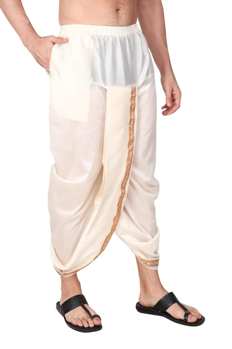 Rameshwaram Fabrics Men's Traditional Indian Readymade Dhoti with Angavastram | Elastic Waist 28-40 Inches | 40 Inch Length | Art Silk Veshti for Wedding, Temple, Puja, Diwali & Cultural Events - view 9