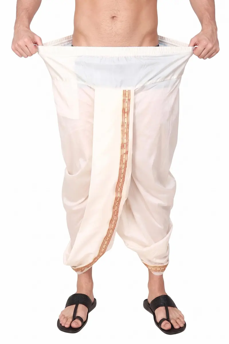 Rameshwaram Fabrics Men's Traditional Indian Readymade Dhoti with Angavastram | Elastic Waist 28-40 Inches | 40 Inch Length | Art Silk Veshti for Wedding, Temple, Puja, Diwali & Cultural Events - view 3