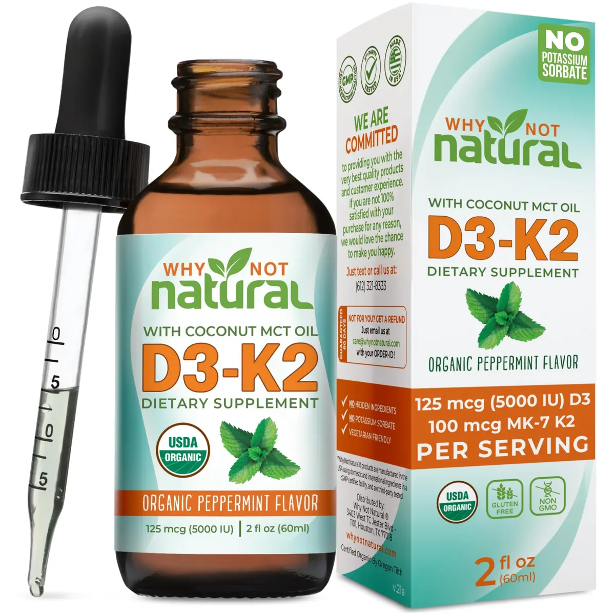 Why Not Natural Organic Vitamin D3 K2 Liquid Drops 2 Fl Oz | Supports Strong Bones & Heart - main product image