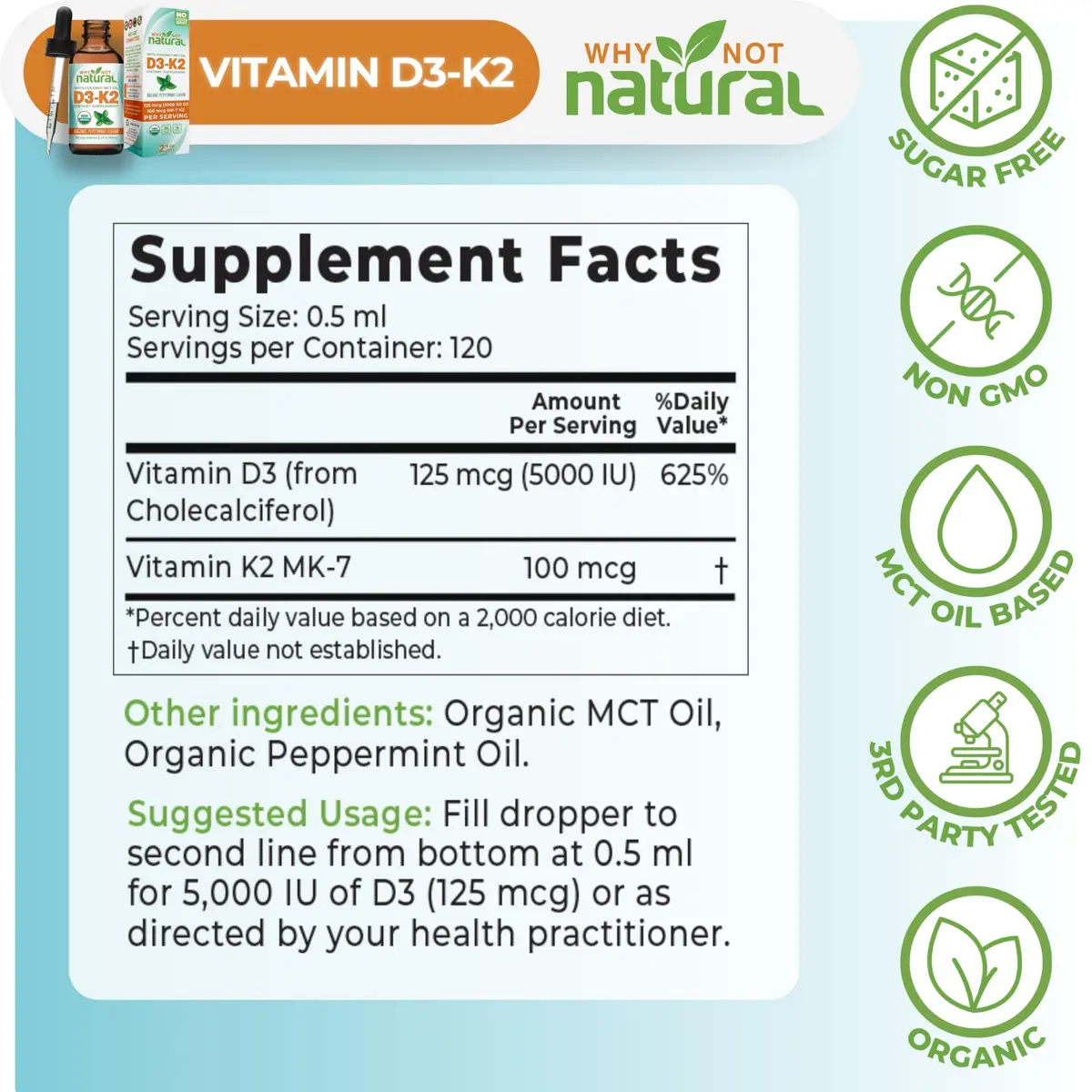 Why Not Natural Organic Vitamin D3 K2 Liquid Drops 2 Fl Oz | Supports Strong Bones & Heart - view 5
