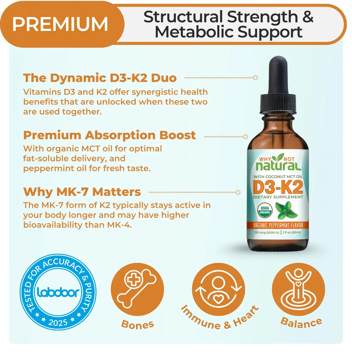 Why Not Natural Organic Vitamin D3 K2 Liquid Drops 2 Fl Oz | Supports Strong Bones & Heart - view 2