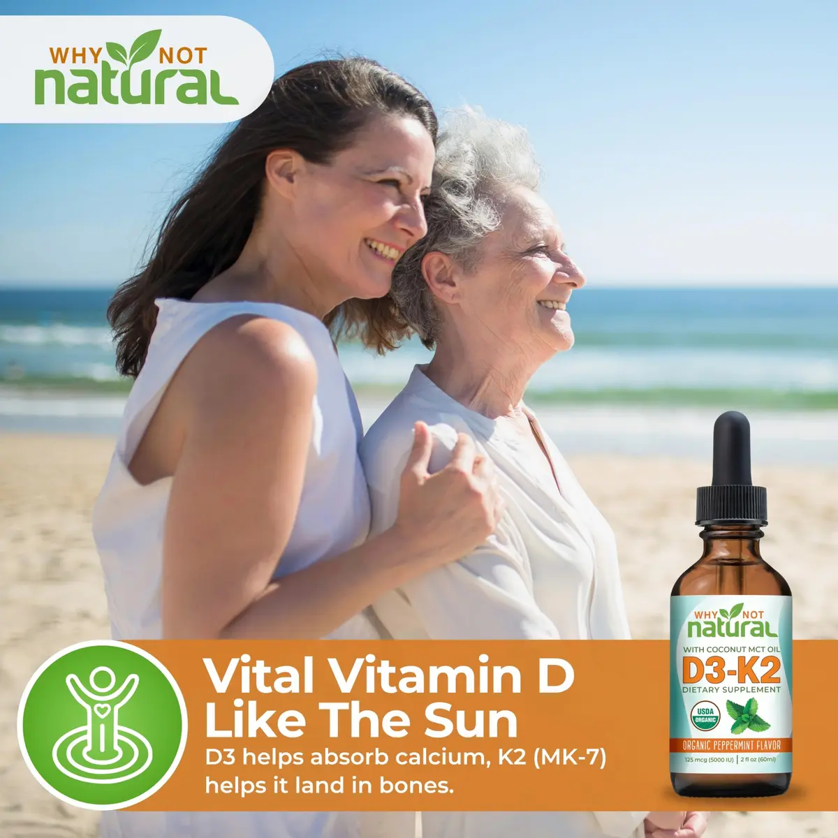 Why Not Natural Organic Vitamin D3 K2 Liquid Drops 2 Fl Oz | Supports Strong Bones & Heart - view 3