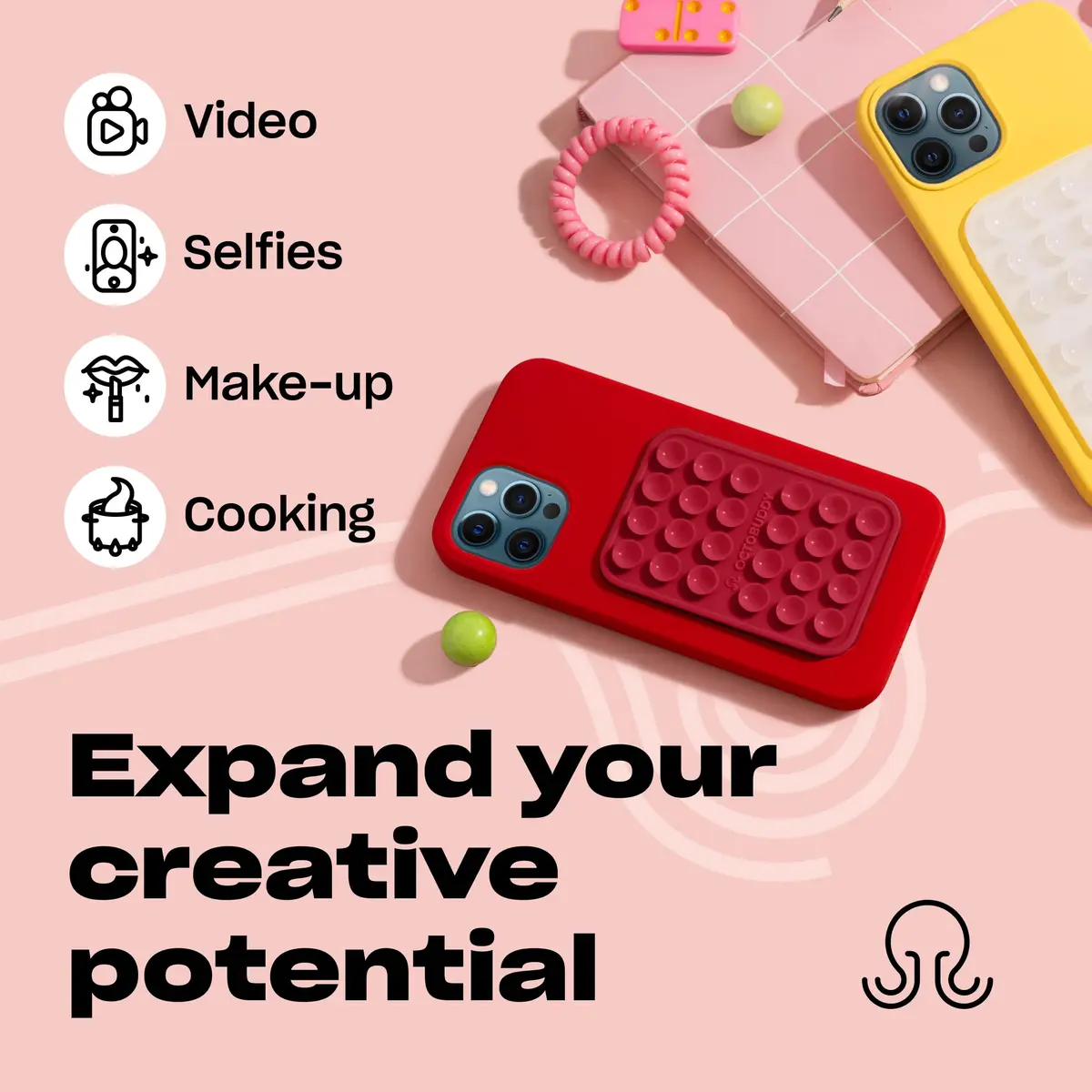 OCTOBUDDY Classic Red Silicone Suction Phone Mount 2.25″ x 3.25″ | 24 Suction Cups for Hands-Free Content Creation - view 5