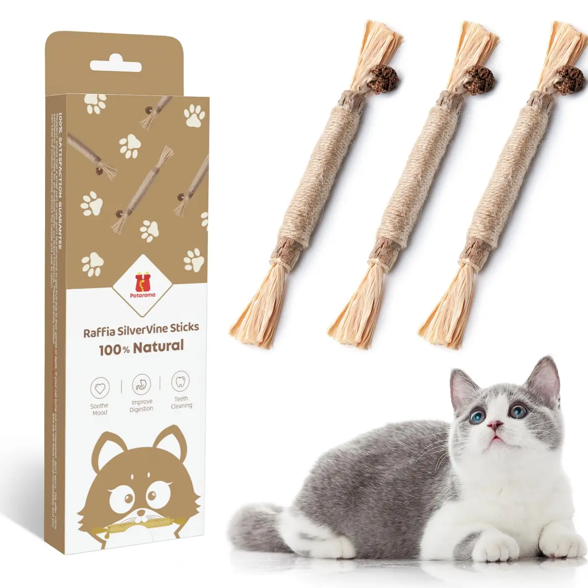 Potaroma Natural Silvervine Sticks Cat Toys 3 Pack | Catnip Blend Chew Toys for Dental Care - main product image