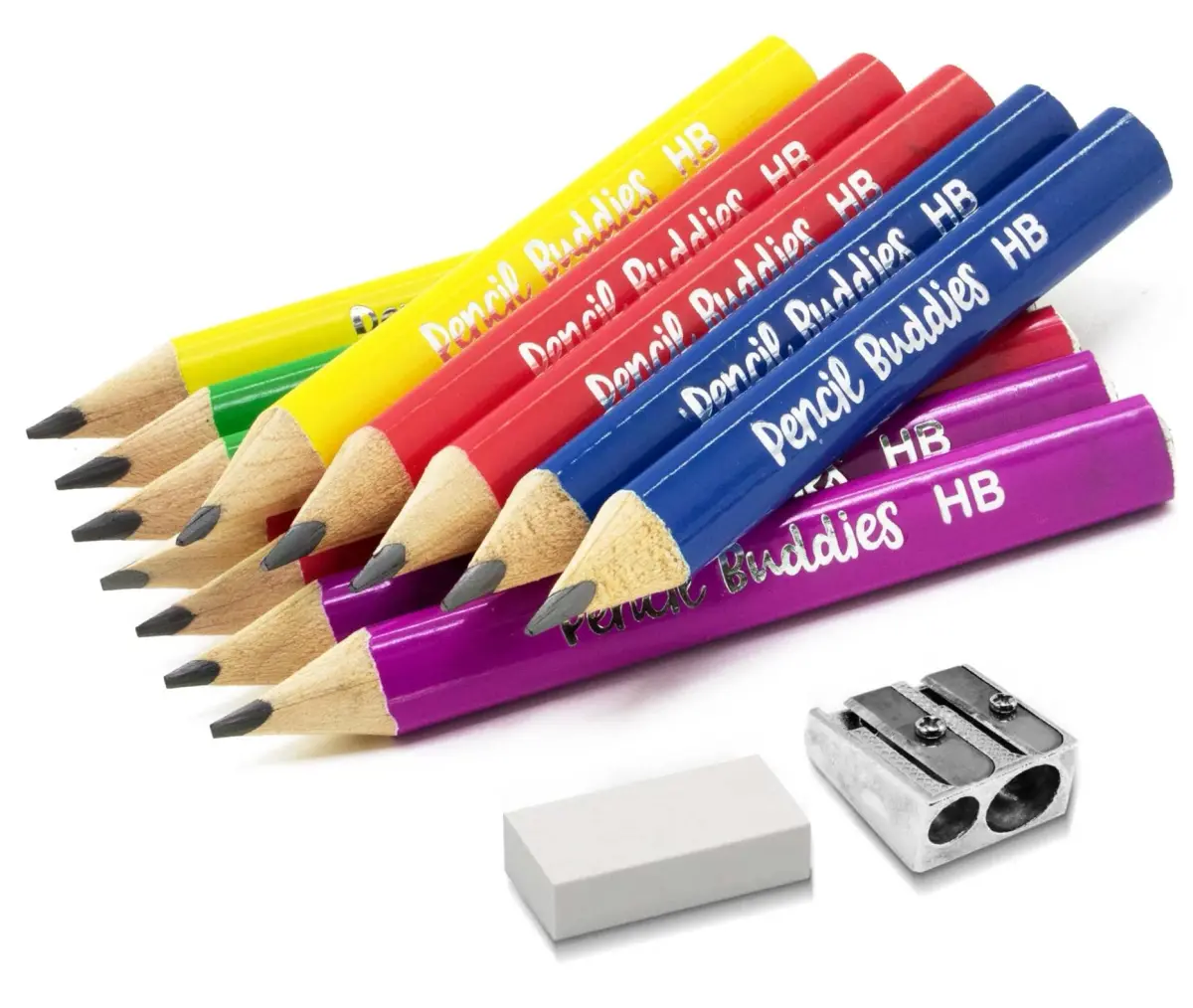 Pencil Buddies Short Jumbo Kids Pencils 3.5 inch (8.9 cm) | Triangle Grip, HB Lead, 14-Piece Set with Sharpener - main product image