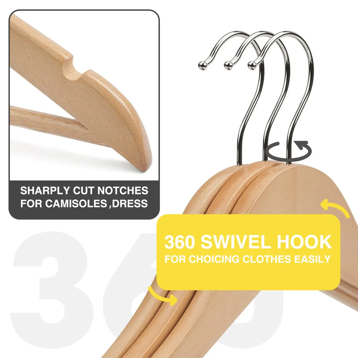 Uinicor Wooden Hangers 30 Pack | Heavy Duty & Space Saving Natural Finish - view 2