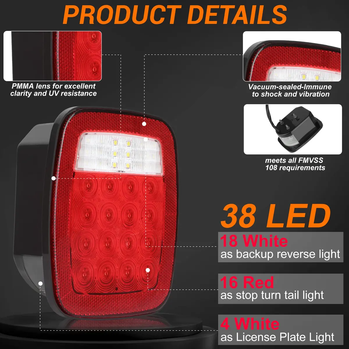 CMVT Auto Red Square 38-LED Tail Light Assembly 2-Pack | Universal 12V Fitment for Jeep Wrangler CJ YJ TJ & Trucks - view 2