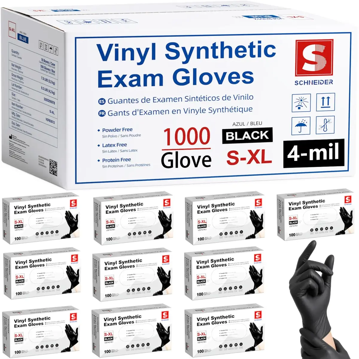 Schneider Large Black Vinyl Exam Gloves 1000-ct Case | Medical Grade, Latex-Free, Food Safe - main product image