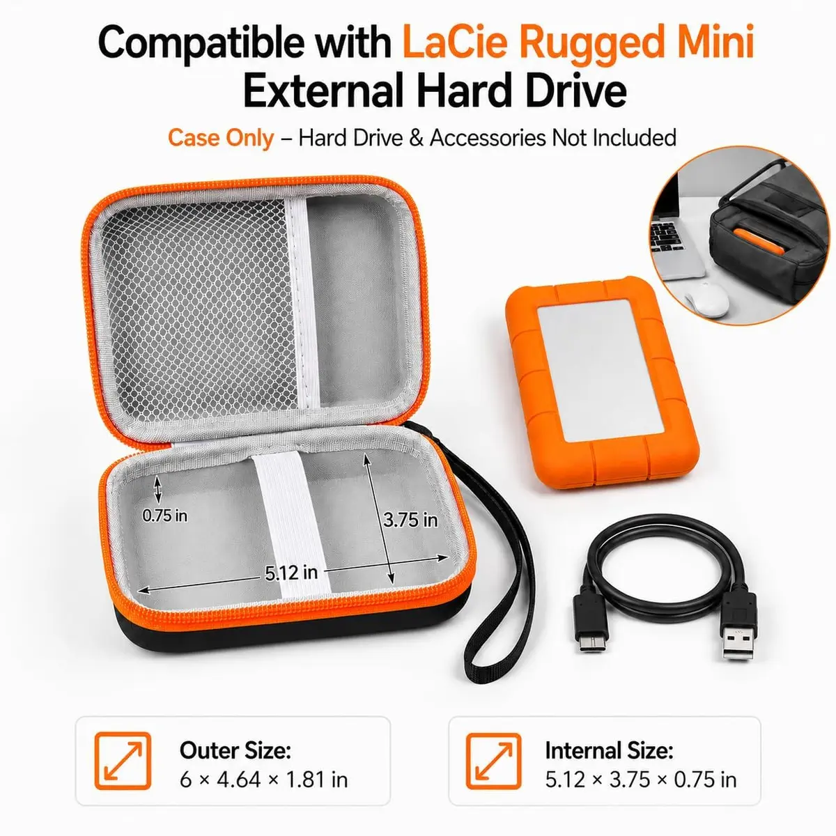 ALKOO Orange Hard Drive Case for LaCie Rugged Mini 1TB-5TB | Protects Drive & Accessories - view 2