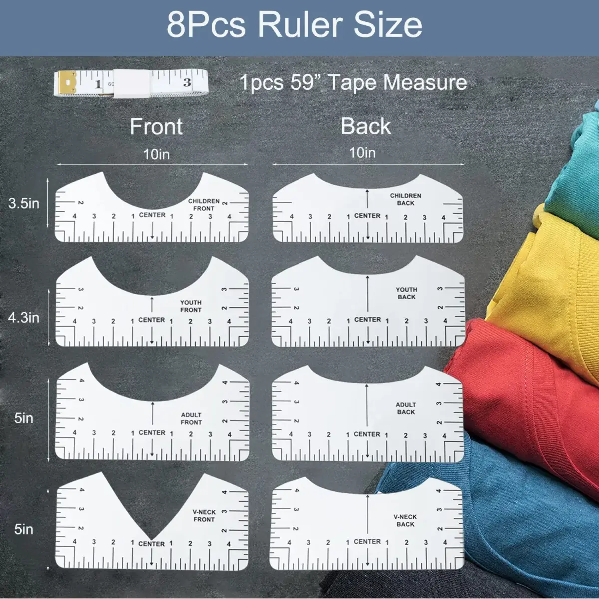 tietoc 9Pcs T-Shirt Ruler Guide Set | Transparent PVC for Vinyl Alignment, Heat Press, Children Youth Adult (10in) - view 3