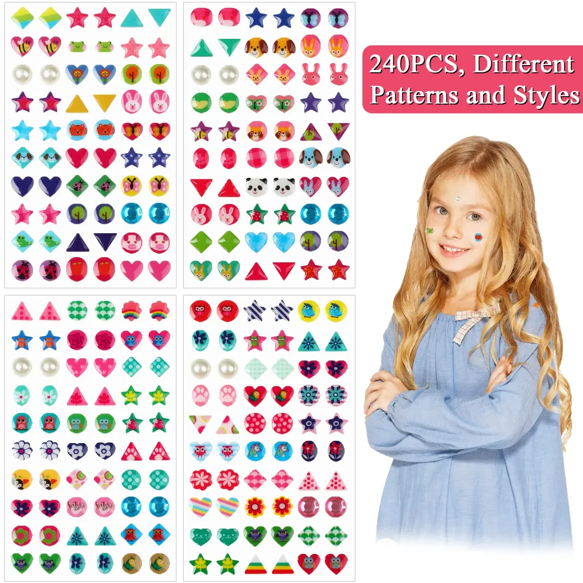 AUGSUN 240 Pcs Glitter Sticker Earrings for Girls | Non-Toxic, Assorted Colors, 3D Design - view 4