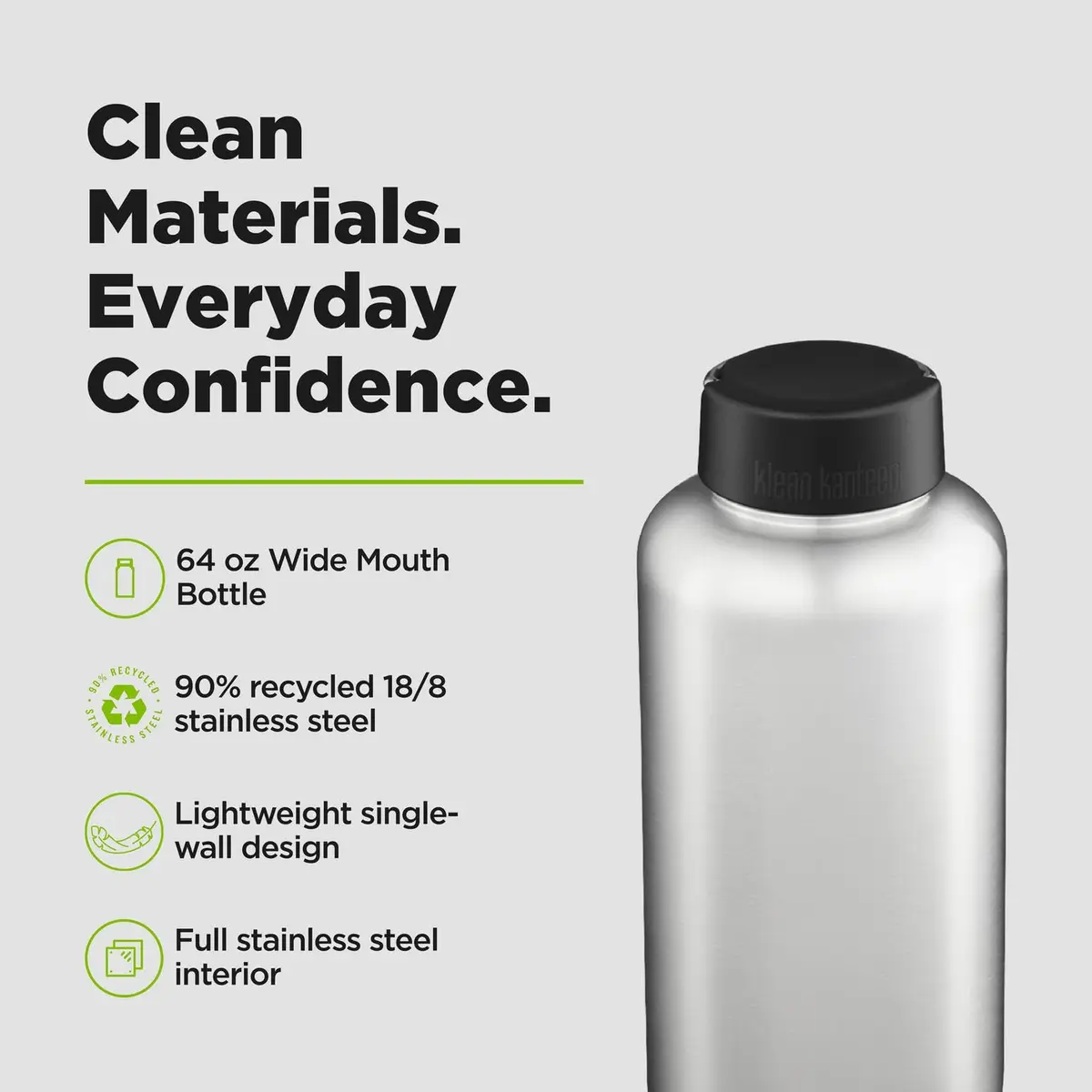 Klean Kanteen Wide Water Bottle with Loop Cap - Stainless Steel Water Bottle for Daily Hydration & Outdoor Use - Non-Insulated - BPA Free, Dishwasher Safe - Brushed Stainless, 64 oz - view 3