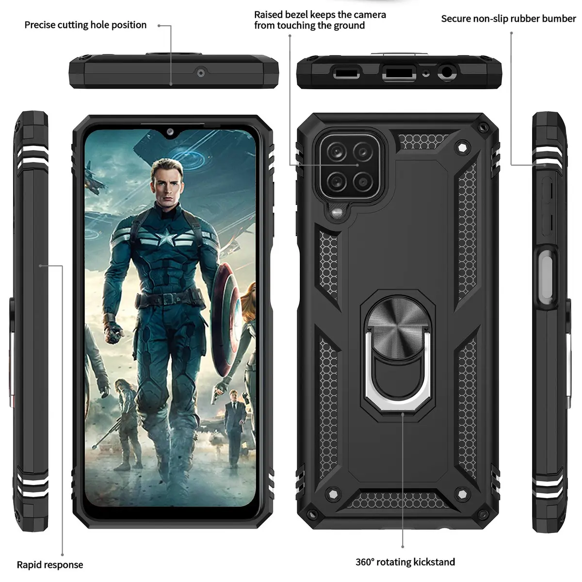 LeYi Galaxy A12 Phone Case Heavy Duty Shockproof Stand Black | Military Grade Drop & Screen Protection - view 3